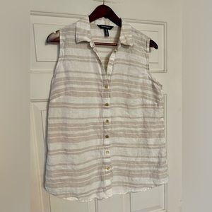 Ellen Tracy‎ Womens Sz L Top 100% Linen Button Sleeveless Striped Tan White